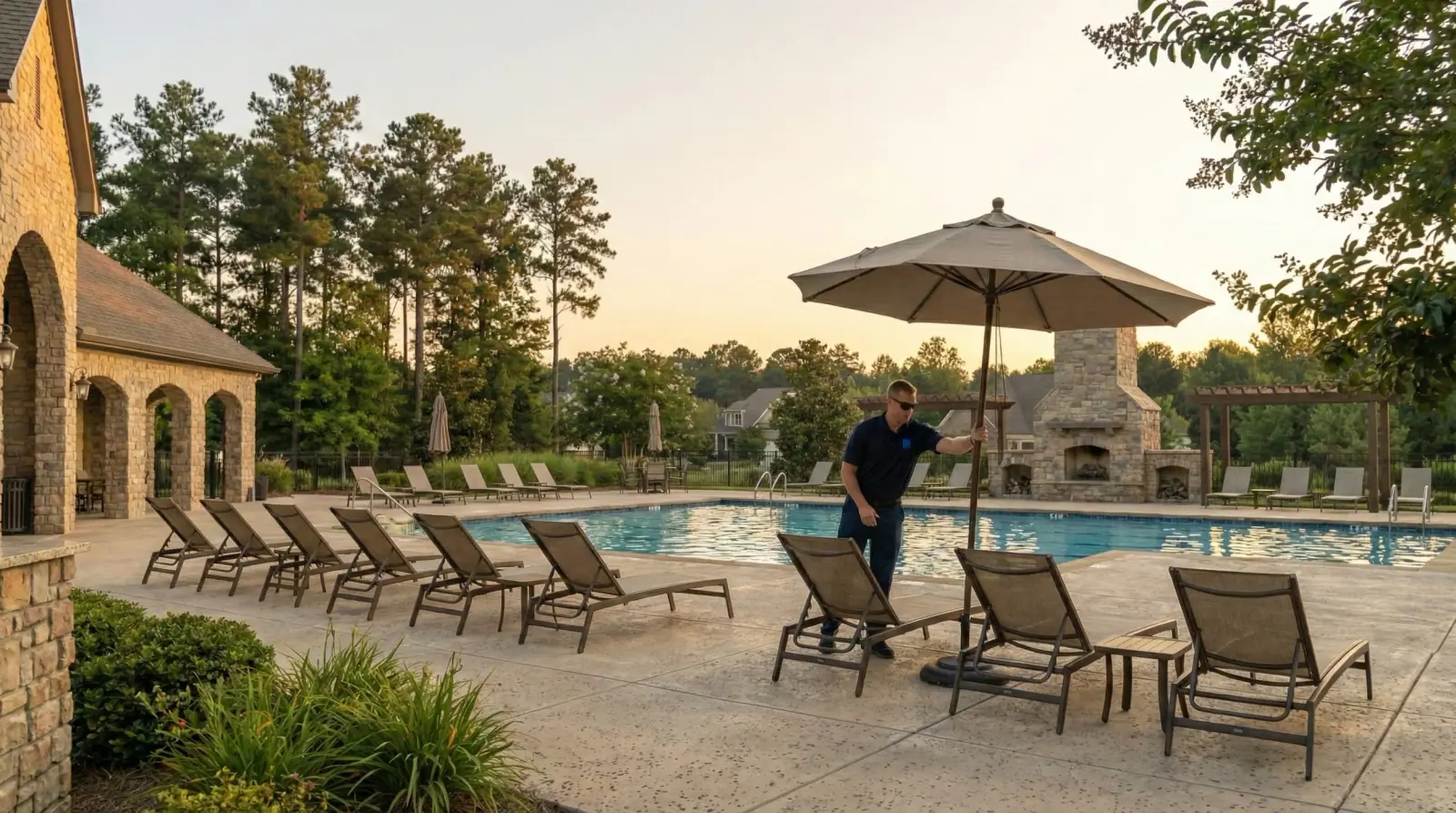 Pool attendant walking the deck of a residential community pool at sunset