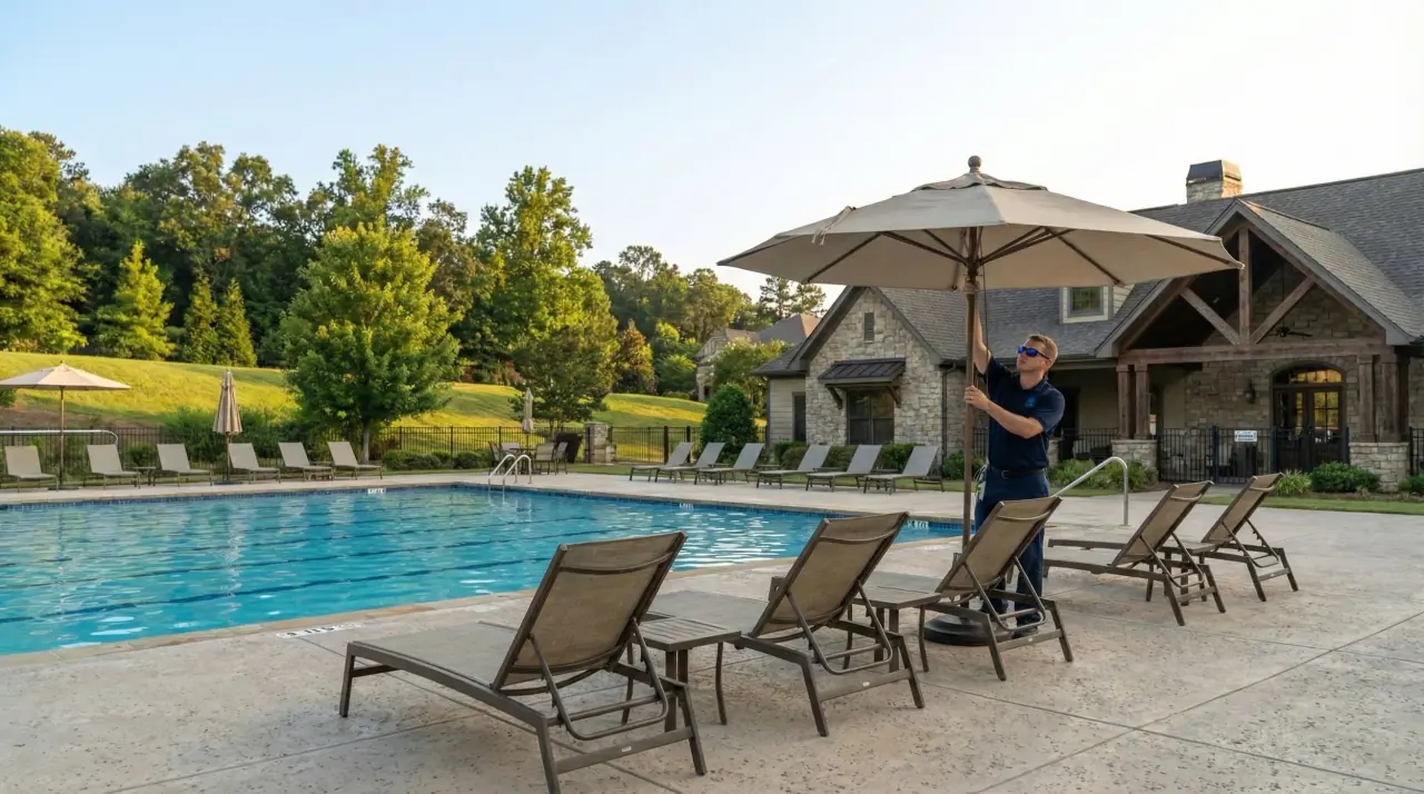Pool attendant straightening lounge chairs on a community pool deck