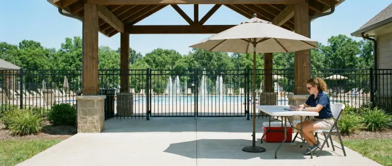Pool attendant at the check-in table under a pavilion with the pool fence and fountains behind
