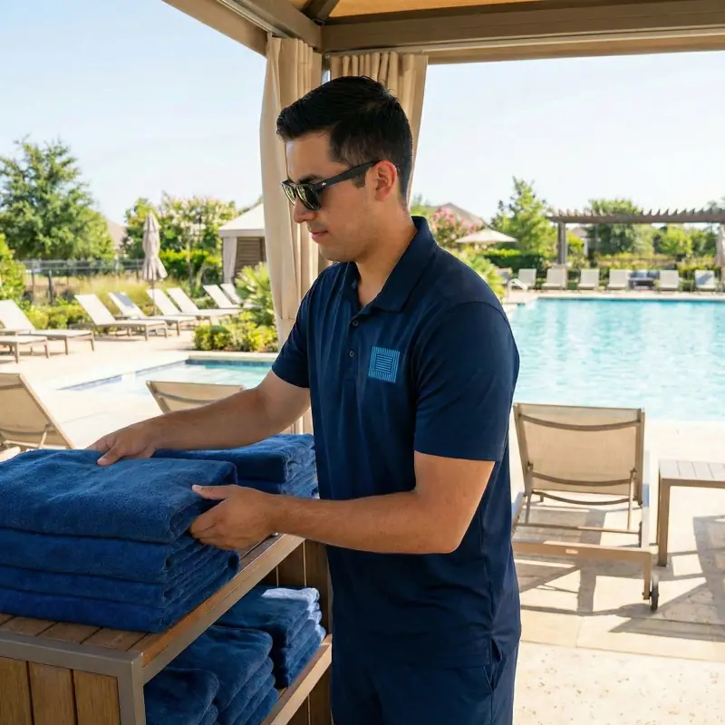 Pool attendant in a navy polo with the mark on the chest, folding towels at a community pool cabana