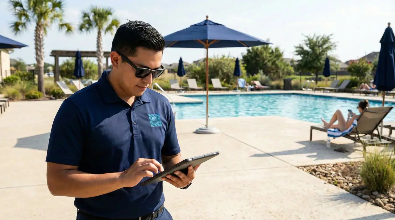 Pool attendant recording a shift note on a tablet at a palm-lined community pool