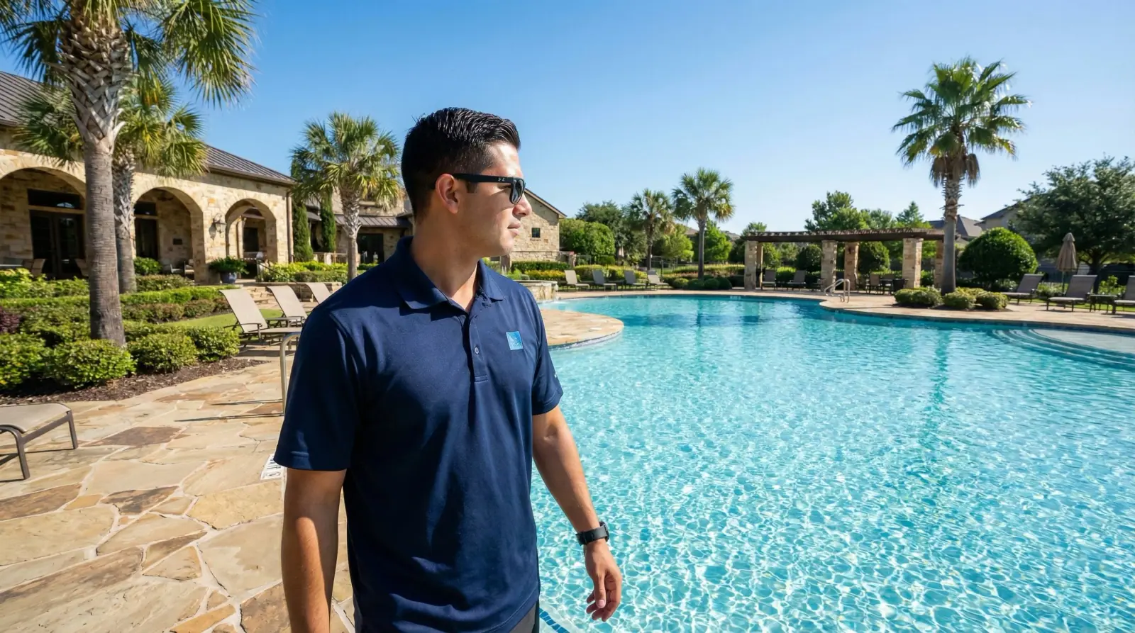 TPAC pool attendant greeting residents at a Fort Worth-area community pool