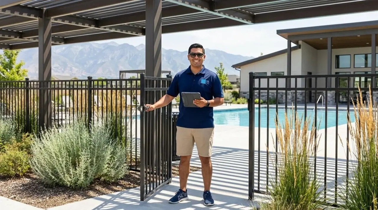 Pool attendant opening the gate at the fenced entrance of a community pool