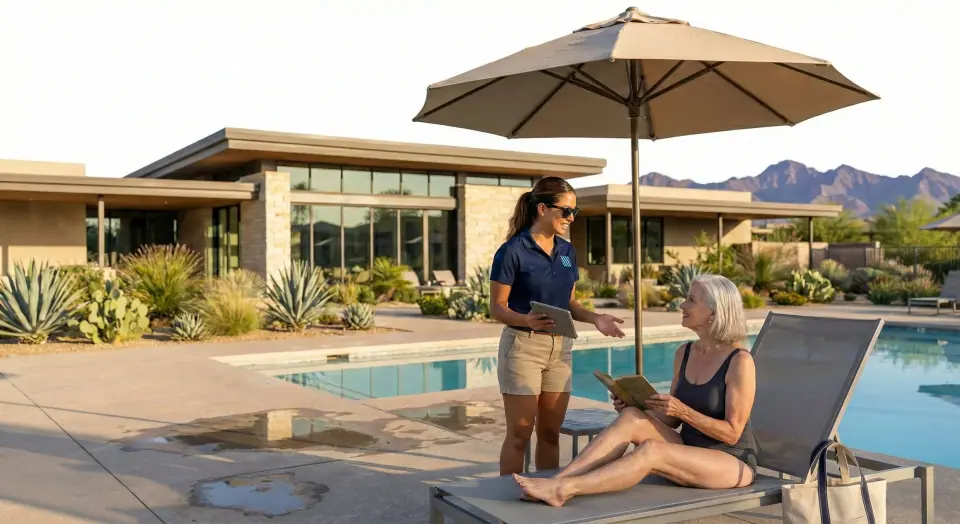 TPAC pool attendant checking in with a resident on a community pool deck