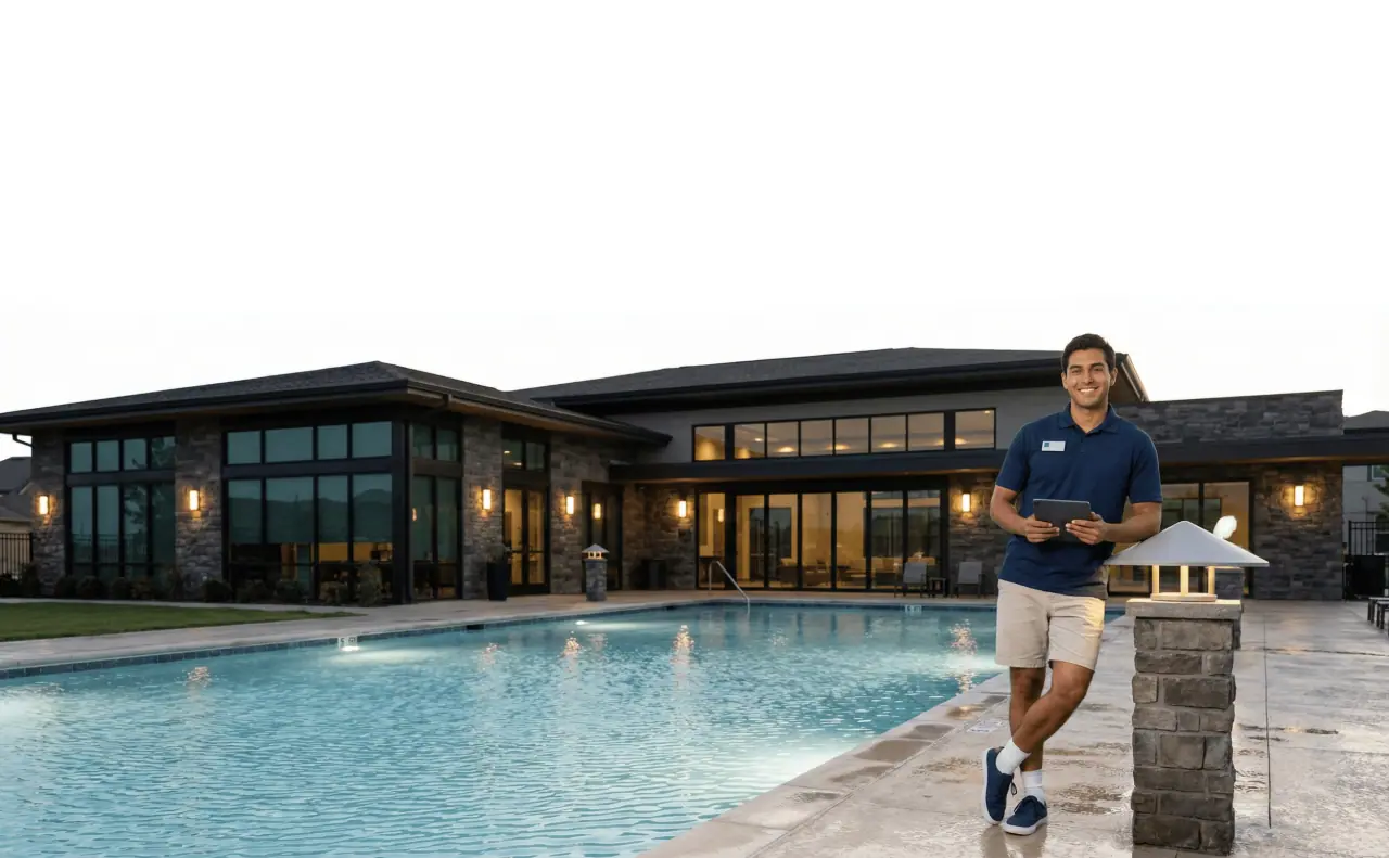 Pool attendant holding a tablet beside a community clubhouse pool at dusk