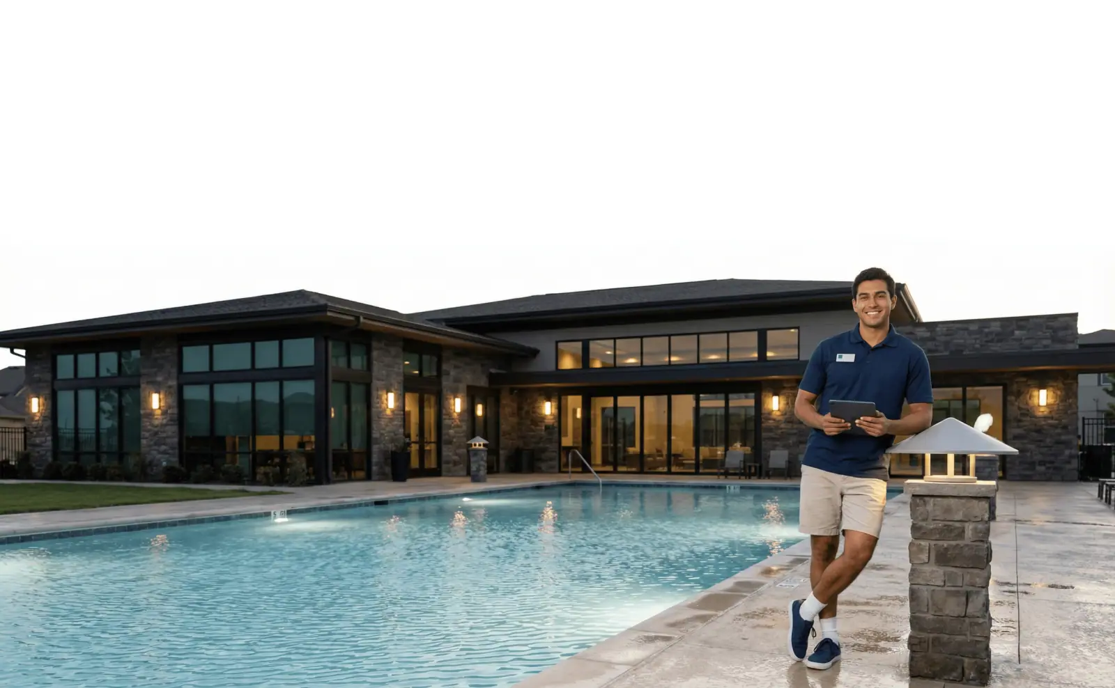 TPAC pool attendant at a modern clubhouse pool in a Texas master-planned community