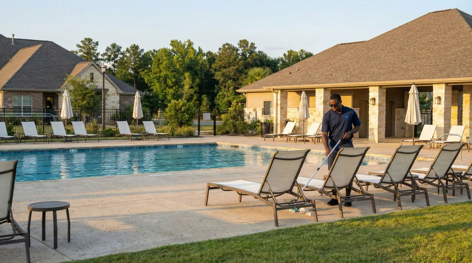 TPAC pool attendant performing light facility upkeep and tidying the community pool deck